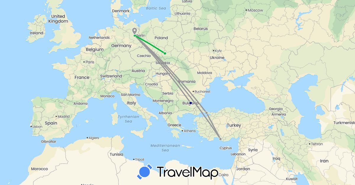 TravelMap itinerary: driving, bus, plane in Bulgaria, Germany, Latvia, Poland, Turkey (Asia, Europe)